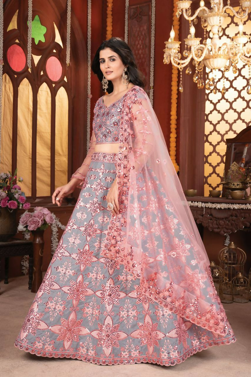 Eilara Grey And Peach Mulberry Silk Lehenga With Thread Sequins Embroidery Work | Grocsy