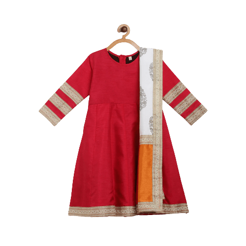 Ahalyaa Red Poly Silk Anarkali Kids Kurta With Dupatta Set For Girls | Grocsy