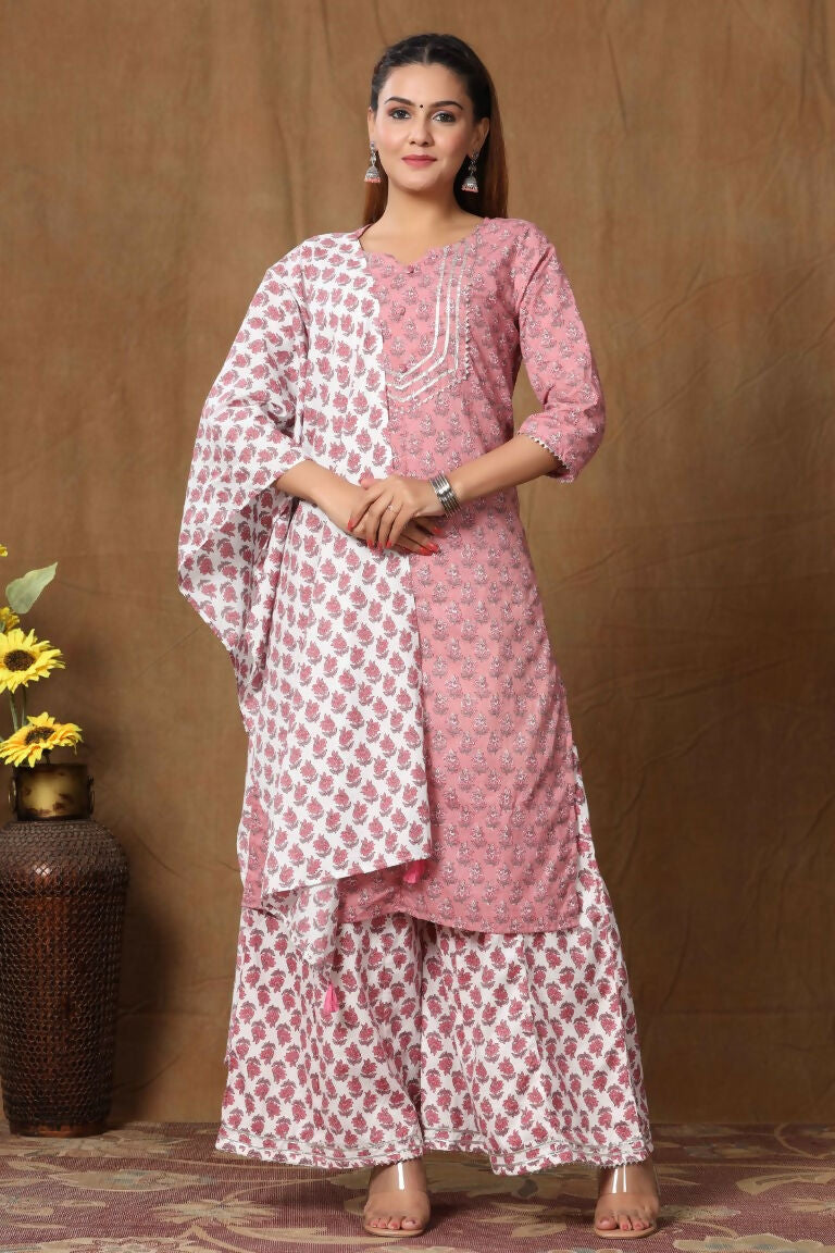 Miravan Women's Cotton Kurta With Palazzo & Dupatta Set | Grocsy