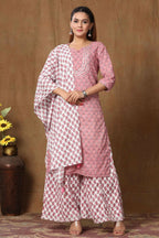 Miravan Women's Cotton Kurta With Palazzo & Dupatta Set | Grocsy