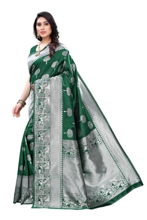 Vamika Banarasi Jacquard Weaving Green Saree (AMEE GREEN) | Grocsy