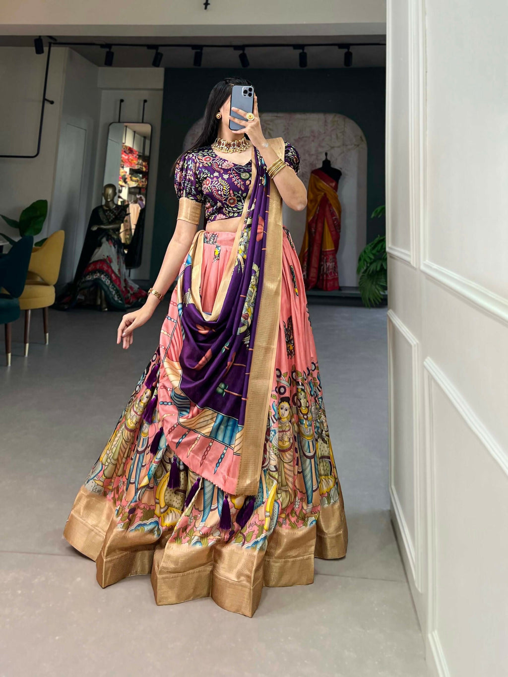 Vastranavya Kalamkari Print With Weaving Border Lehenga with Unstitched Blouse - Peach | Grocsy