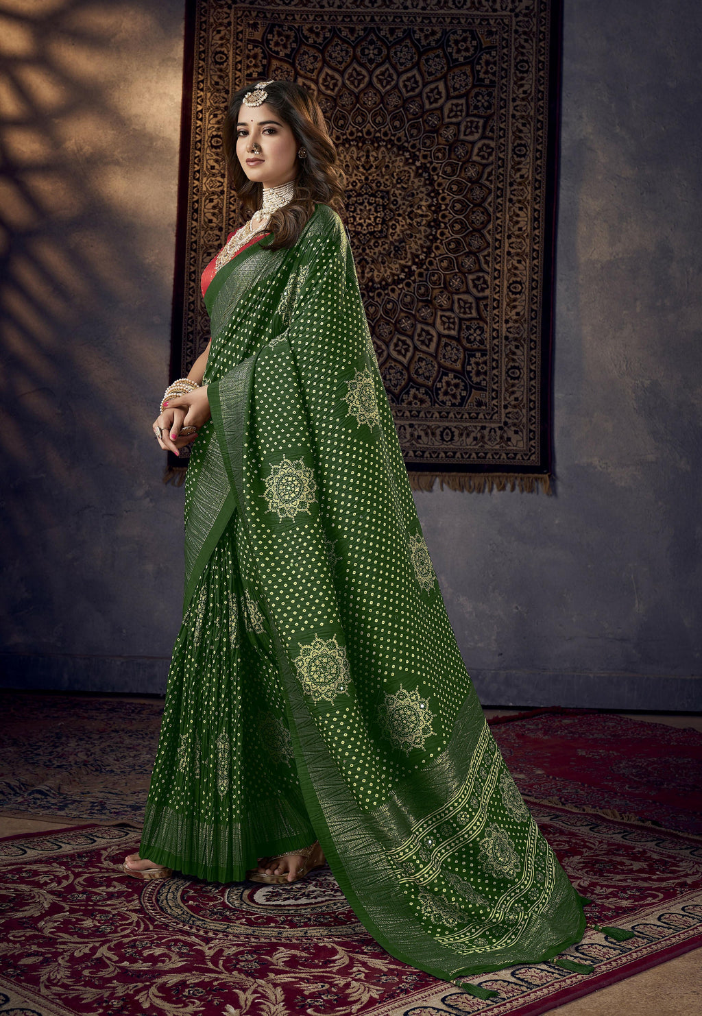 Joban Fashion Mustard Dola Silk Foil Print Zari Border Work Saree | Grocsy