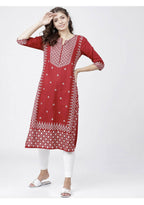 Cheera Embellished Daily Wear Cotton Blend Kurta - Red & White | Grocsy