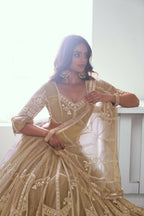 Eilara Charming Beige Thread Work Net Designer Lehenga Choli With Dupatta | Grocsy