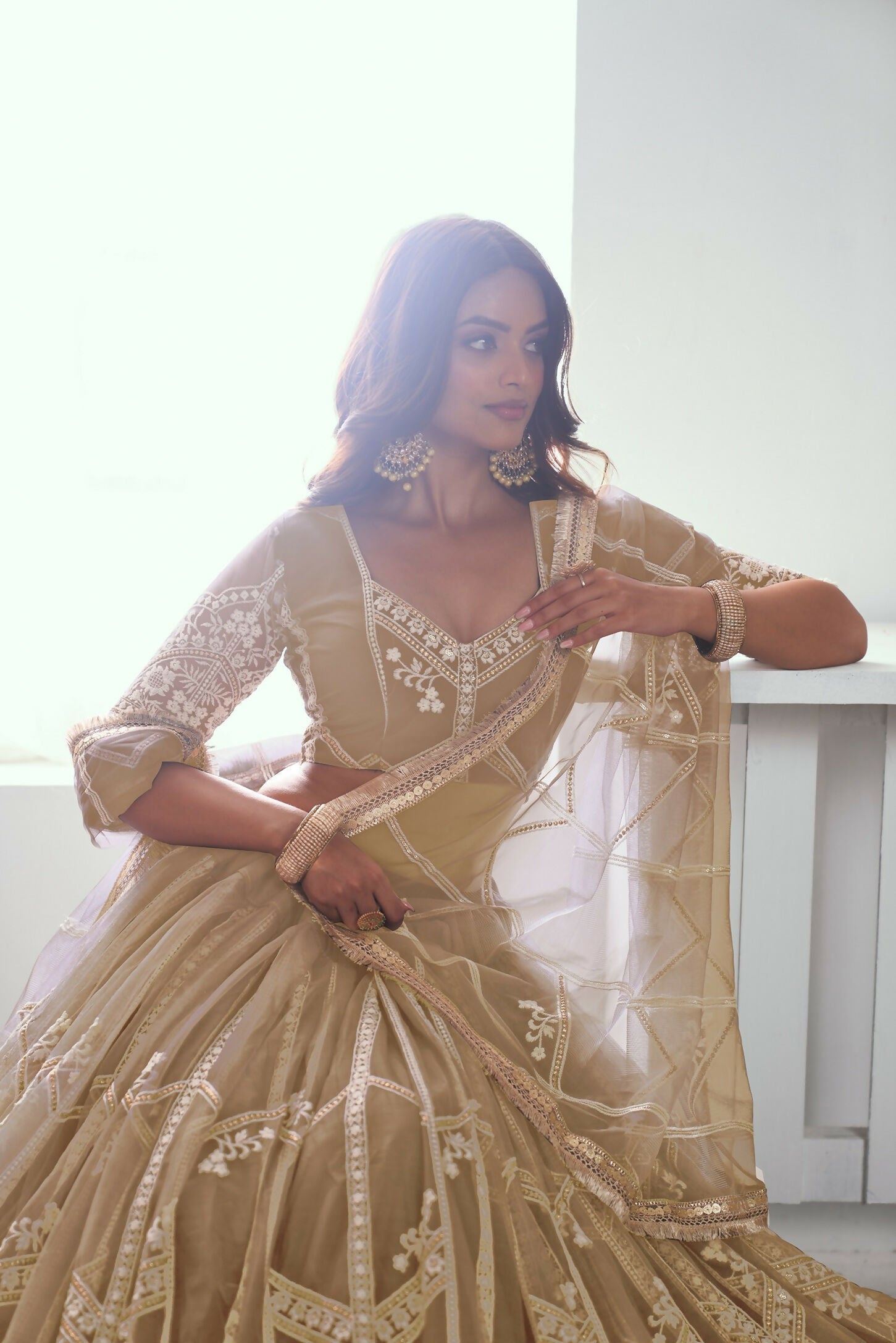 Eilara Charming Beige Thread Work Net Designer Lehenga Choli With Dupatta | Grocsy