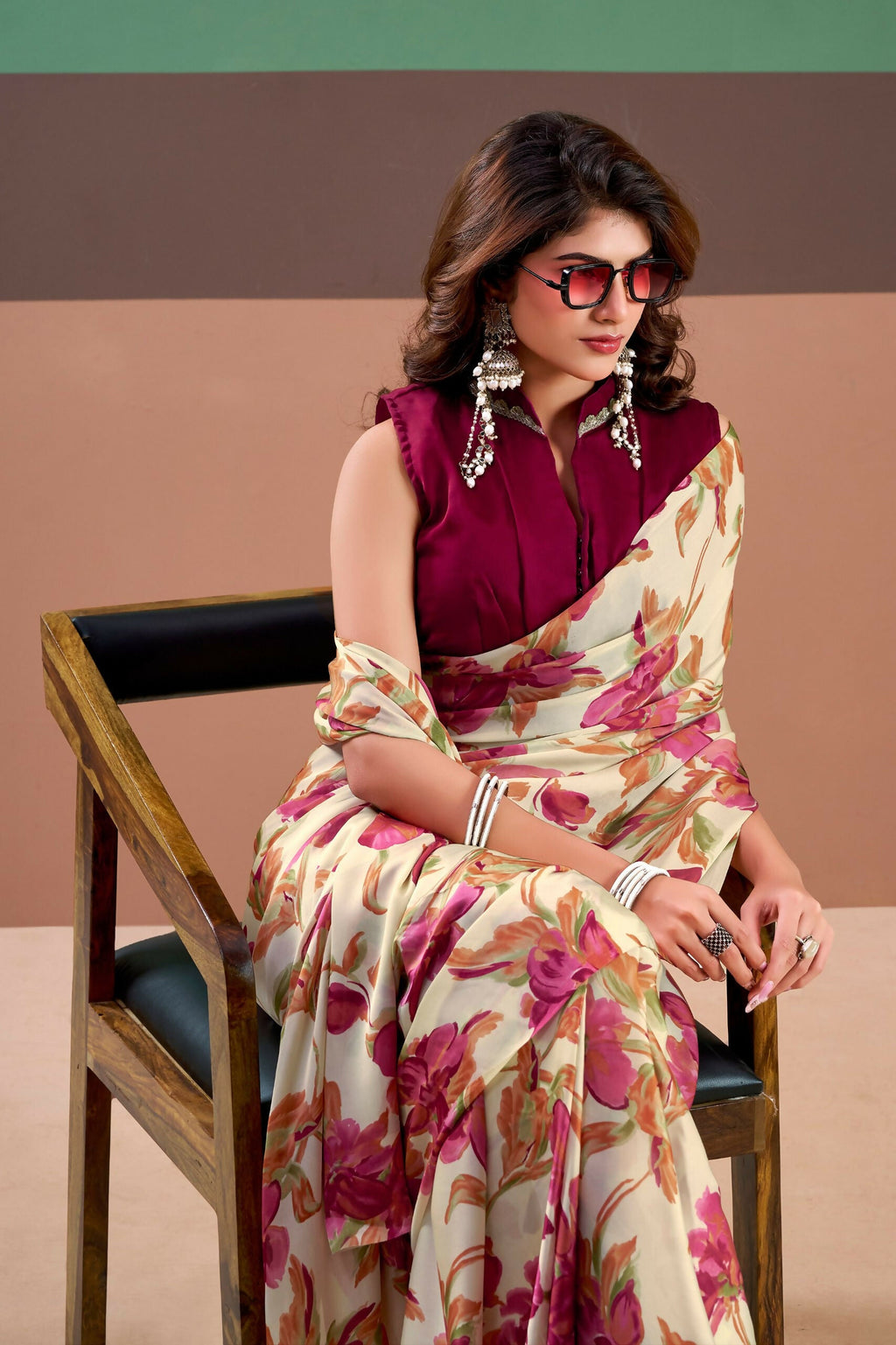 Vastranavya Pink Satin Silk Floral Printed Saree with Stitched Blouse | Grocsy