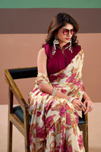Vastranavya Pink Satin Silk Floral Printed Saree with Stitched Blouse | Grocsy