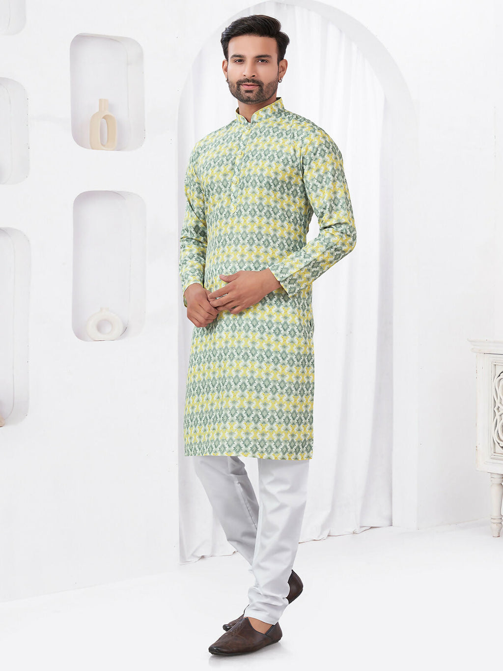 Joban Fashion Men's Rayon Cotton YELLOW Printed Kurta Pyjama set | Grocsy