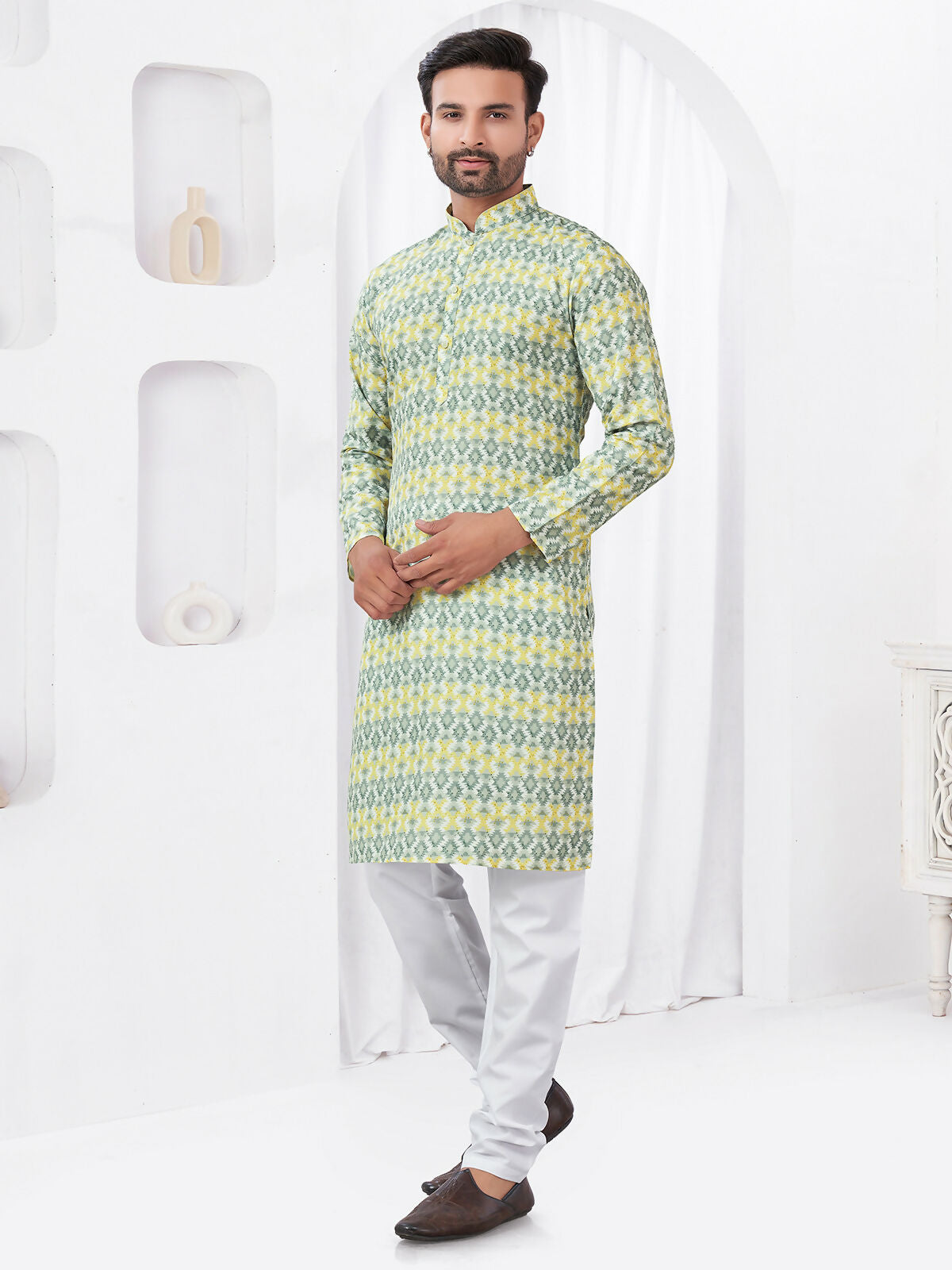 Joban Fashion Men's Rayon Cotton YELLOW Printed Kurta Pyjama set | Grocsy