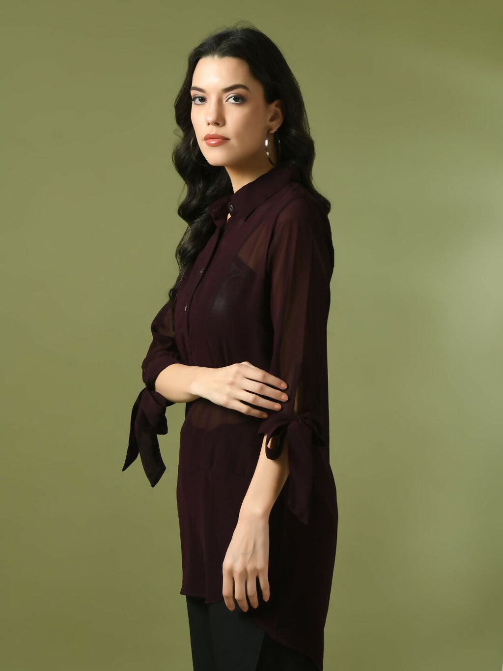Myshka Women's Coffee Brown Solid Georgette Longline Party Sheer Tunic | Grocsy