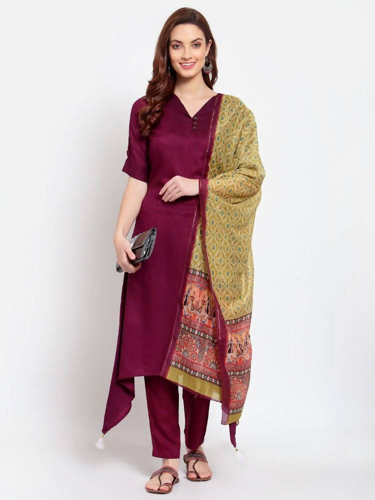 Myshka Women's Burgandy Solid Cotton Half Sleeve V Neck Casual Kurta Pant Dupatta Set | Grocsy