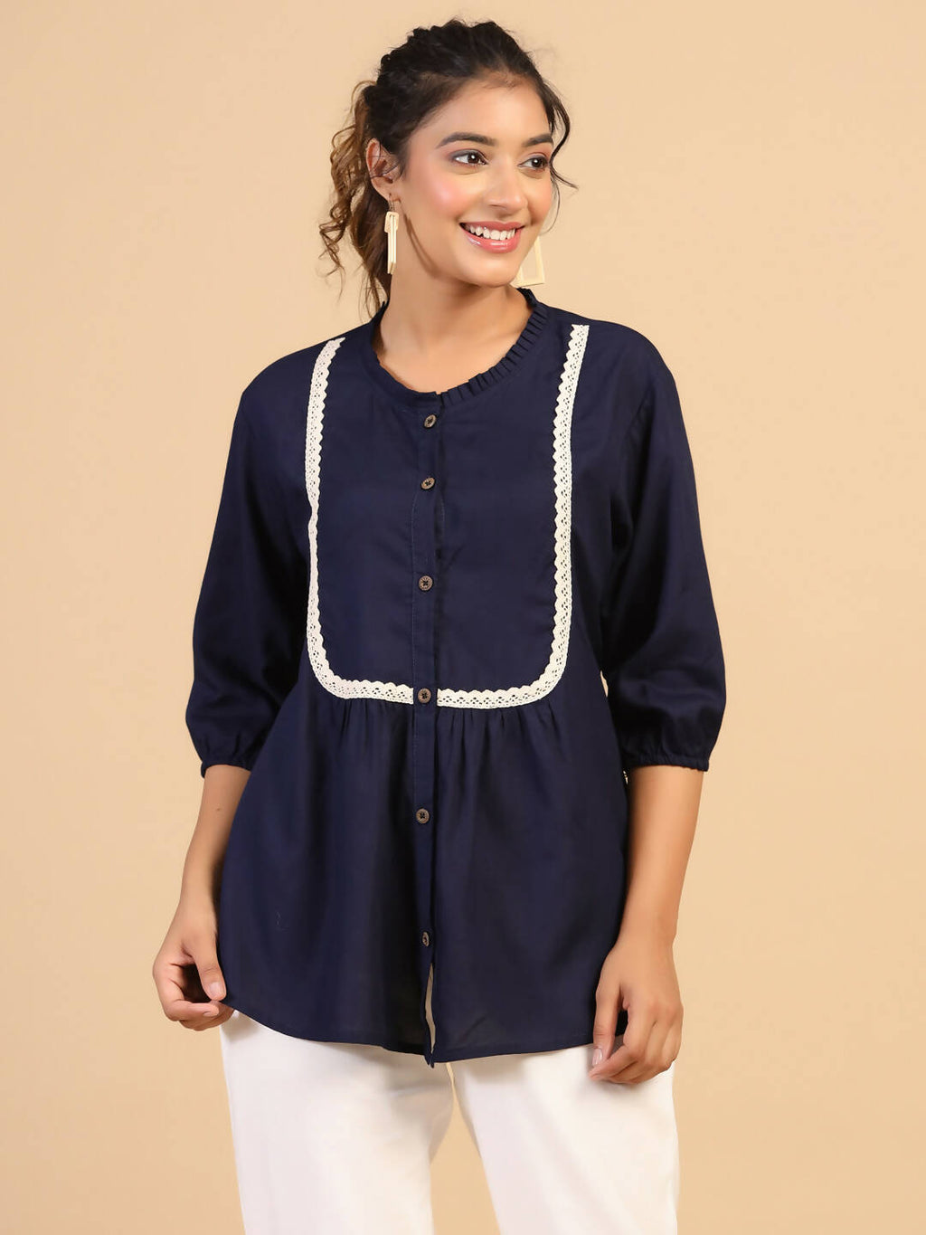 Womens Dark Blue Rayon Solid Top - Keeva | Grocsy