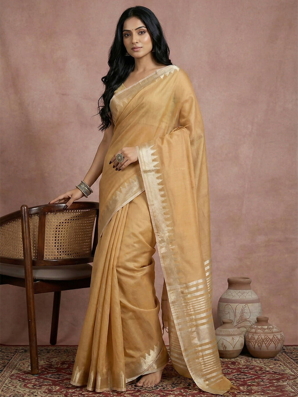 Shree Shyam Fashion Golden Cotton Saree | Grocsy