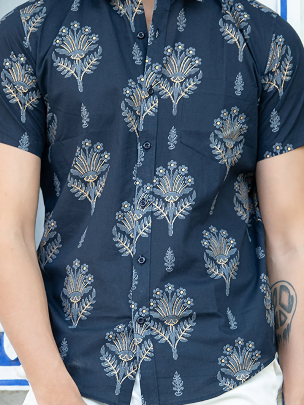 Miravan Men's Pure Cotton Blue Floral Printed Half Sleeve Slim Fit Shirt | Grocsy