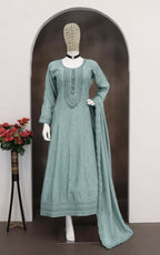 Teeya Creation Teal Color Heavy Vichitra Silk Embroidery Work Long Gown | Grocsy