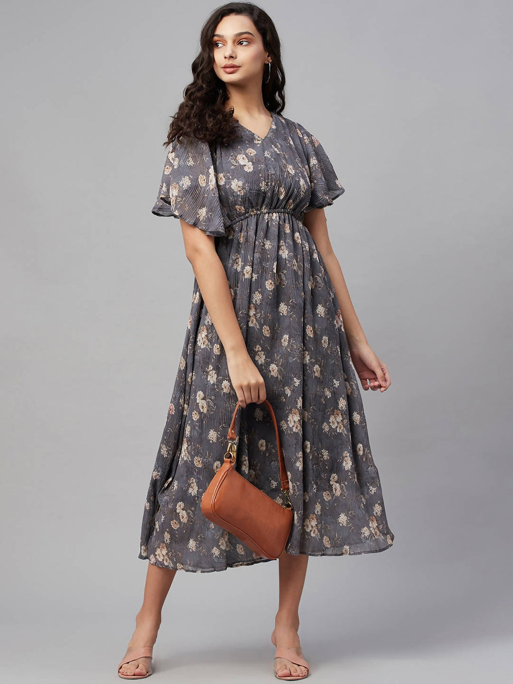 Myshka Women Grey Printed Half Sleeve V Neck Dress | Grocsy