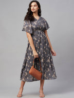 Myshka Women Grey Printed Half Sleeve V Neck Dress | Grocsy