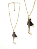 Bling Accessories Antique Brass Finish Qwl Pendant long Charm Necklace with Black Mini Tassel & Baroque Pearl | Grocsy