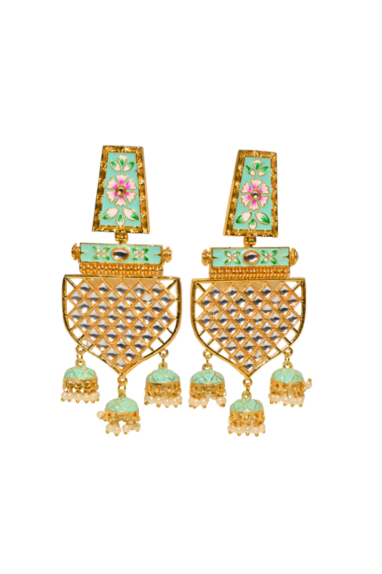 Green Traditional Gold-Polished Meenakari Jhumka Jhumki Earrings Indian Jewellery For Women Girls By House of Ree - Swadesiicart