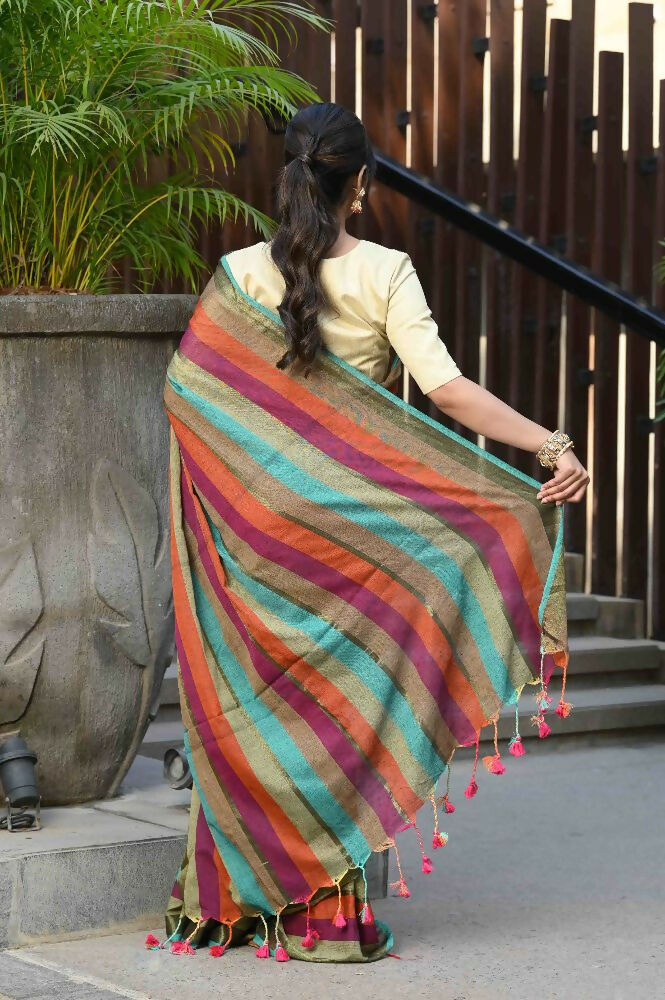 Beatitude Multicolor Cotton Stripes Golden Zari Saree | Grocsy