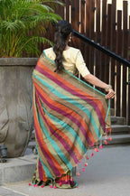 Beatitude Multicolor Cotton Stripes Golden Zari Saree | Grocsy