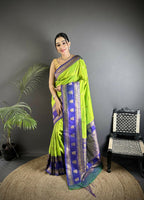 Joban Fashion Parrot Green Banarasi Soft Silk Woven Butti Saree | Grocsy