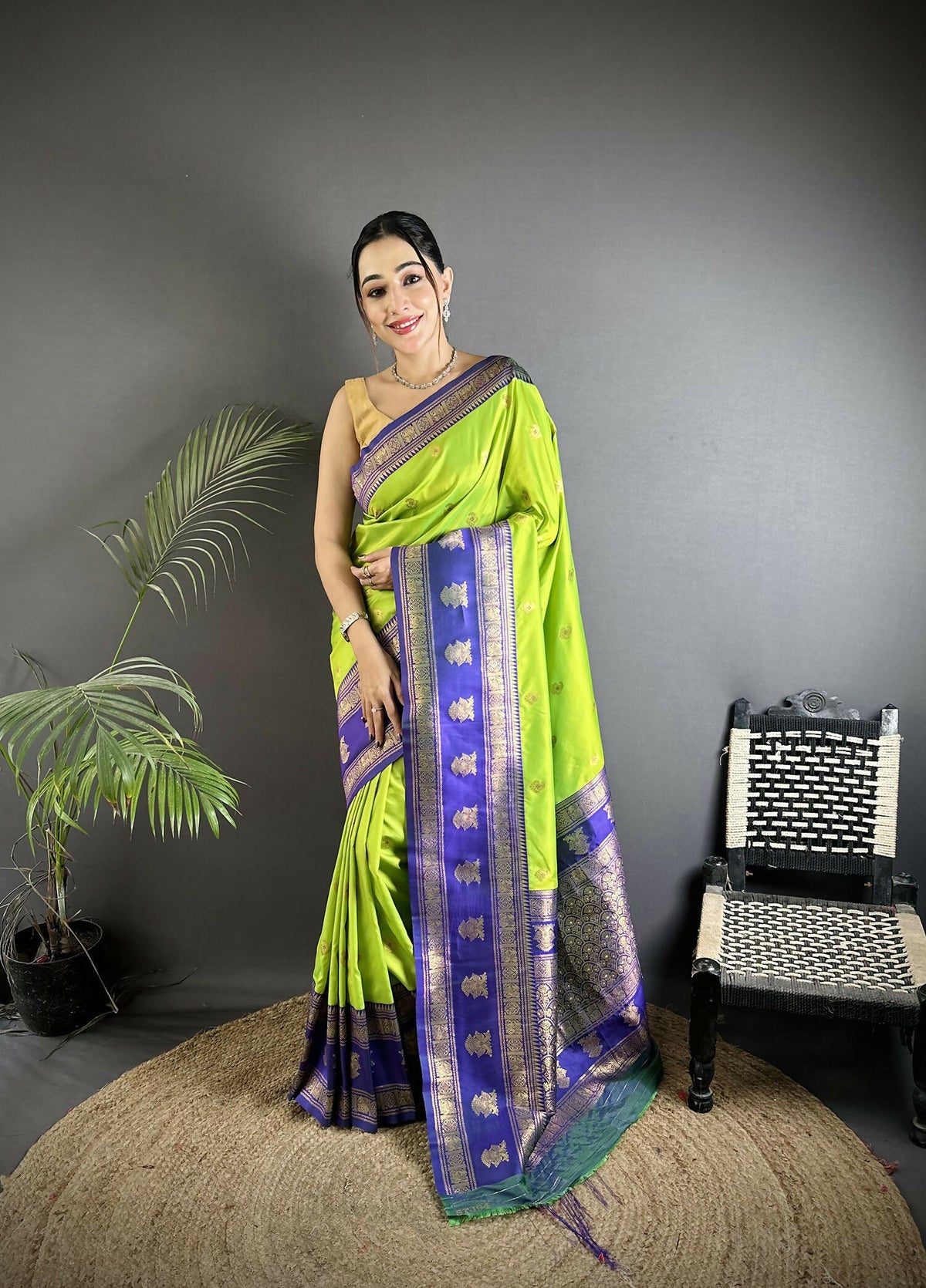 Joban Fashion Parrot Green Banarasi Soft Silk Woven Butti Saree | Grocsy