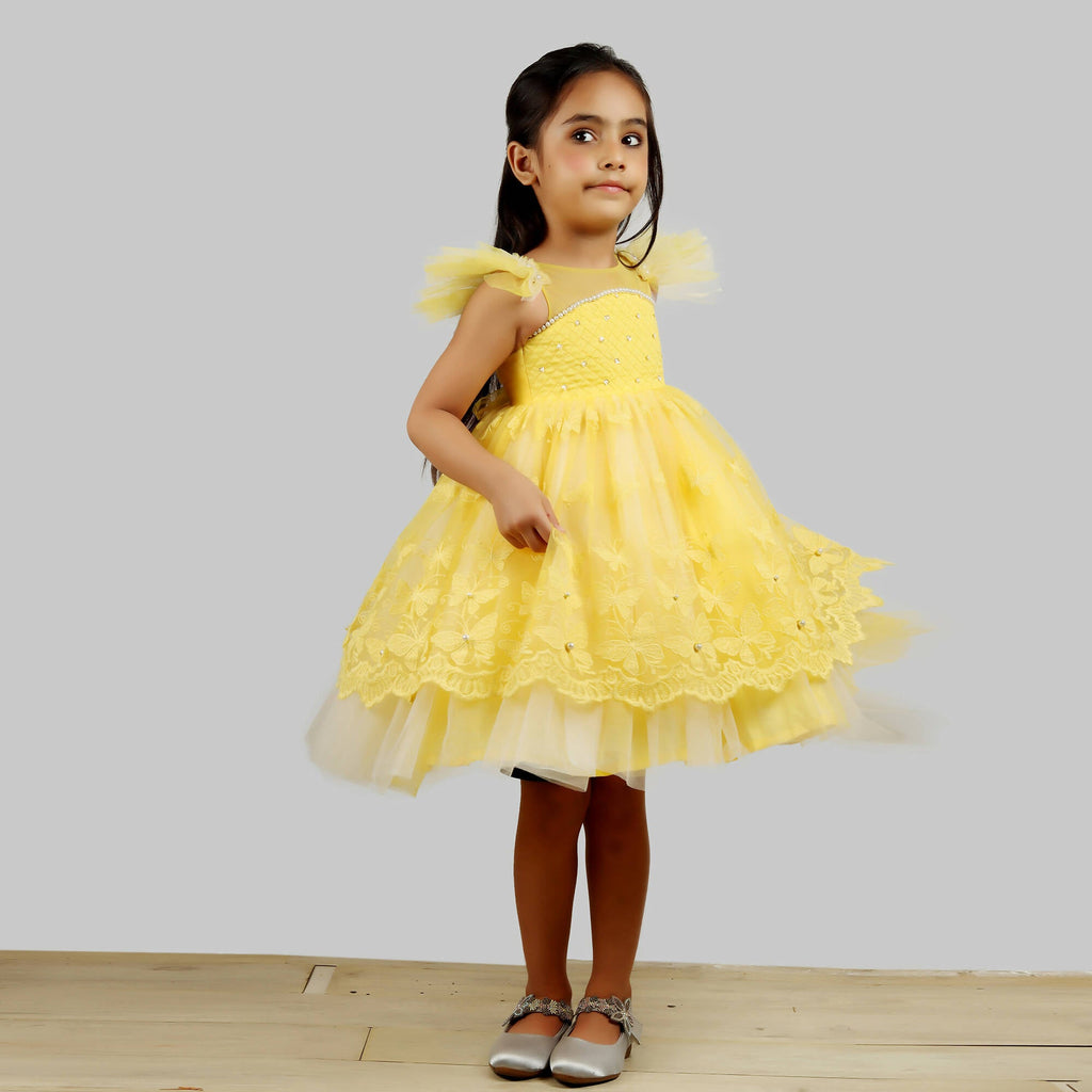 Pink Cow Fashions Yellow Dress With Net Layer At Bottom & Frill Sleeves | Grocsy