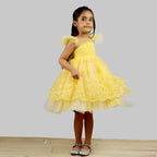 Pink Cow Fashions Yellow Dress With Net Layer At Bottom & Frill Sleeves | Grocsy