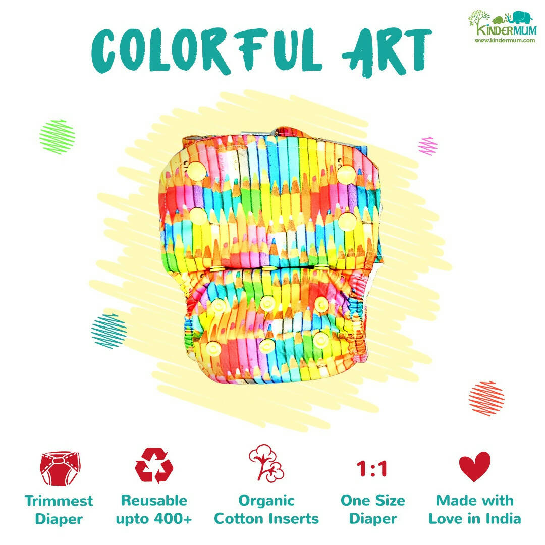 Kindermum Nano Aio Cloth Diaper With 2 Organic Cotton Inserts- Colourful Art For Kids | Grocsy