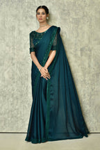 Teal Silk Solid Designer Saree with Blouse - Purvi | Grocsy