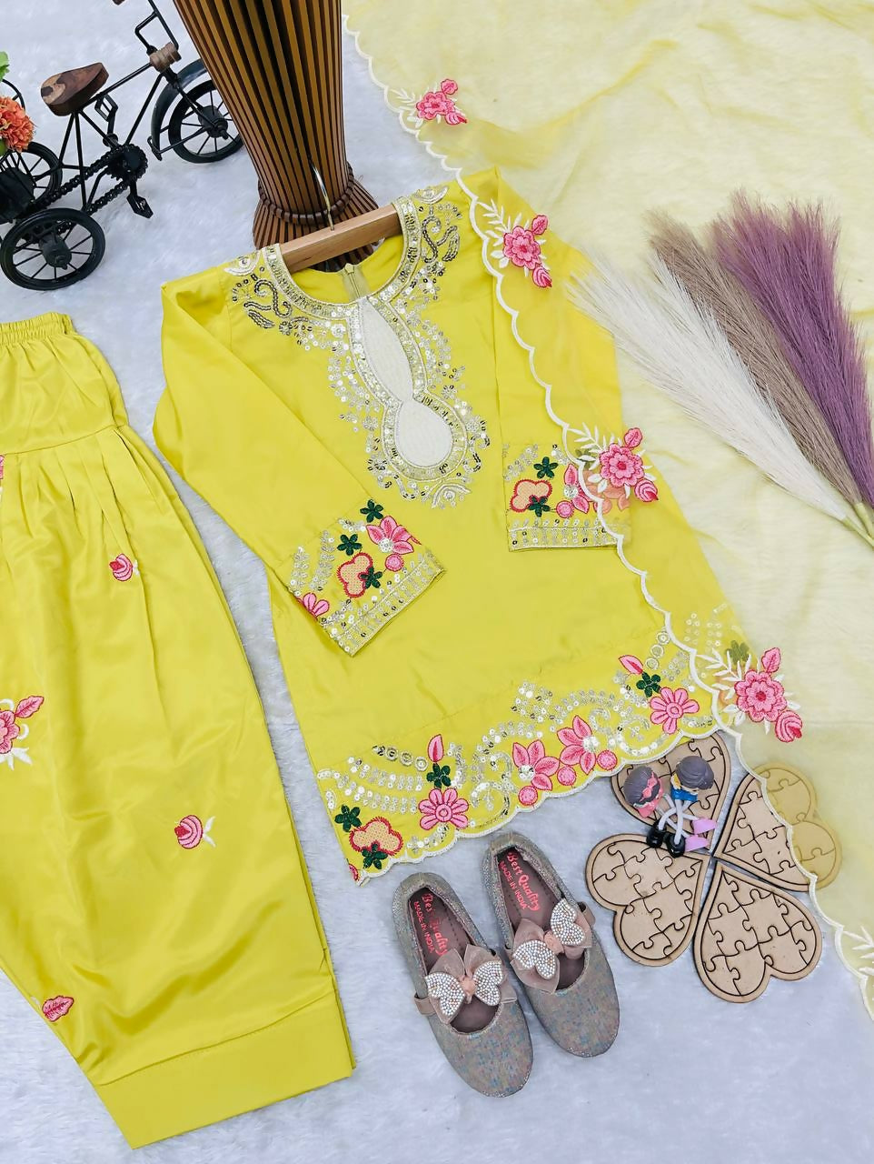 Teeya Creation New Kids Trendy Wedding Wear Traditional Kurta Salwar Set-Yellow | Grocsy