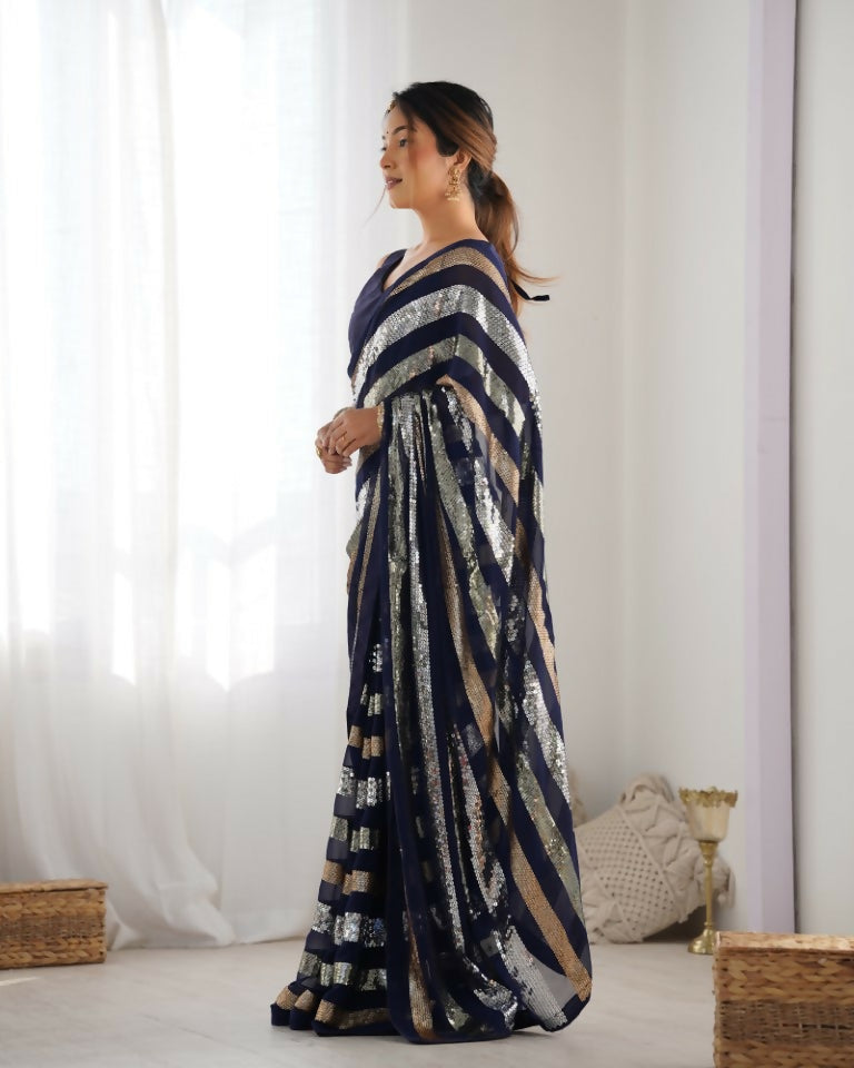Blue Georgette Sequance Embroidery Work Border Saree - Sitare | Grocsy