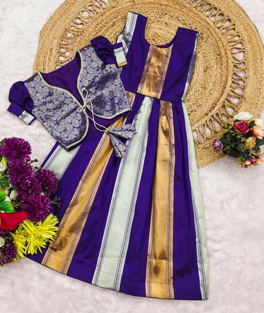 Teeya Creation Latest Designer Girls Royal Purple Silk Pattu Pavadai Lehenga Choli Set With Brocade Koti-Purple | Grocsy