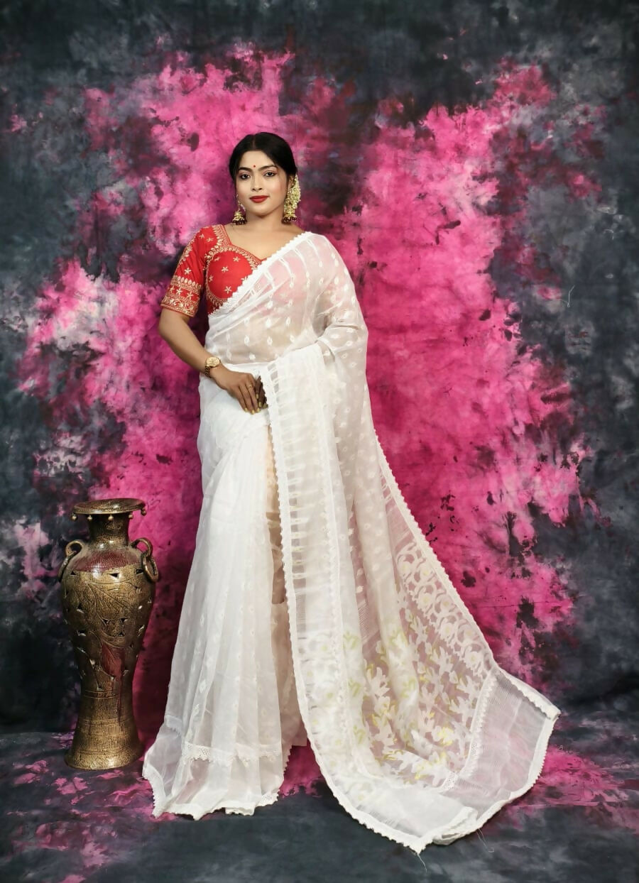 Exclusive Collection Beautiful White Jaal Jamdani Saree | Grocsy
