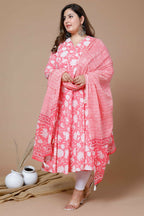 Miravan Women's Pink Plus Size Cotton Floral Print Anarkali Kurta With Dupatta | Grocsy