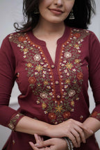 The52 Women's Beautiful Rayon Slub Fabric Thread Work Straight Kurta Pant and Dupatta Set | Grocsy