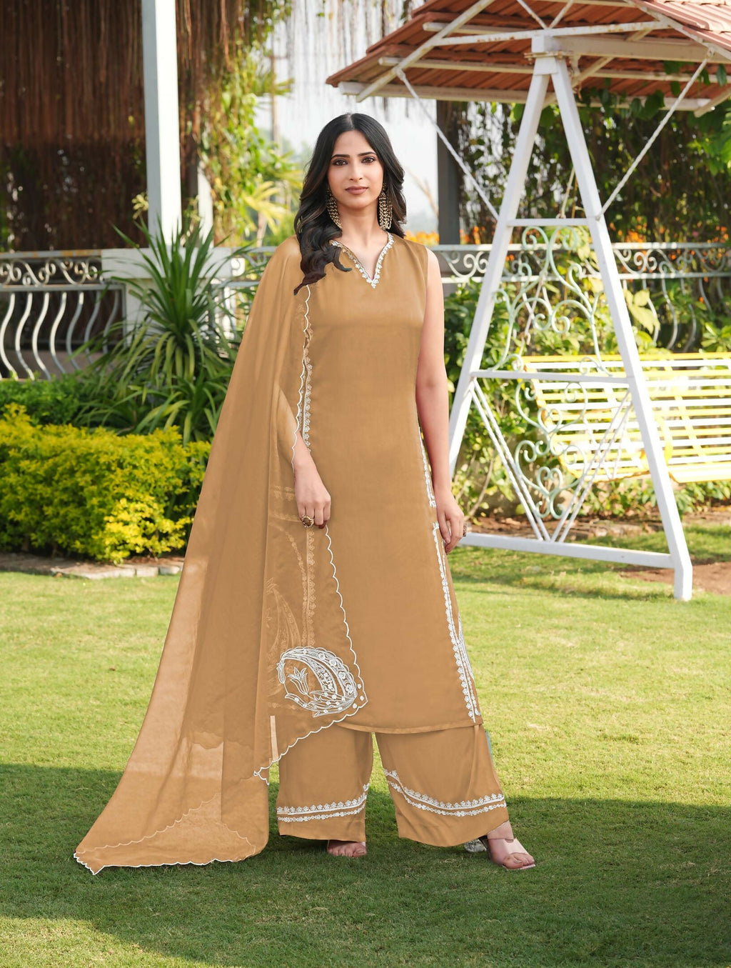 Nikhaar Light Brown Embroidered Modal Silk Stitched Straight Cut Kurta Culottes Dupatta Readymade Suit | Grocsy
