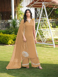 Nikhaar Light Brown Embroidered Modal Silk Stitched Straight Cut Kurta Culottes Dupatta Readymade Suit | Grocsy