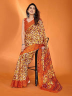PR Fashion Orange Kota Doria Printed Saree | Grocsy
