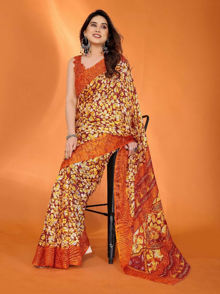 PR Fashion Orange Kota Doria Printed Saree | Grocsy