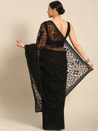 Black Woven Design Net Saree with Blouse Piece - Kalamkari | Grocsy
