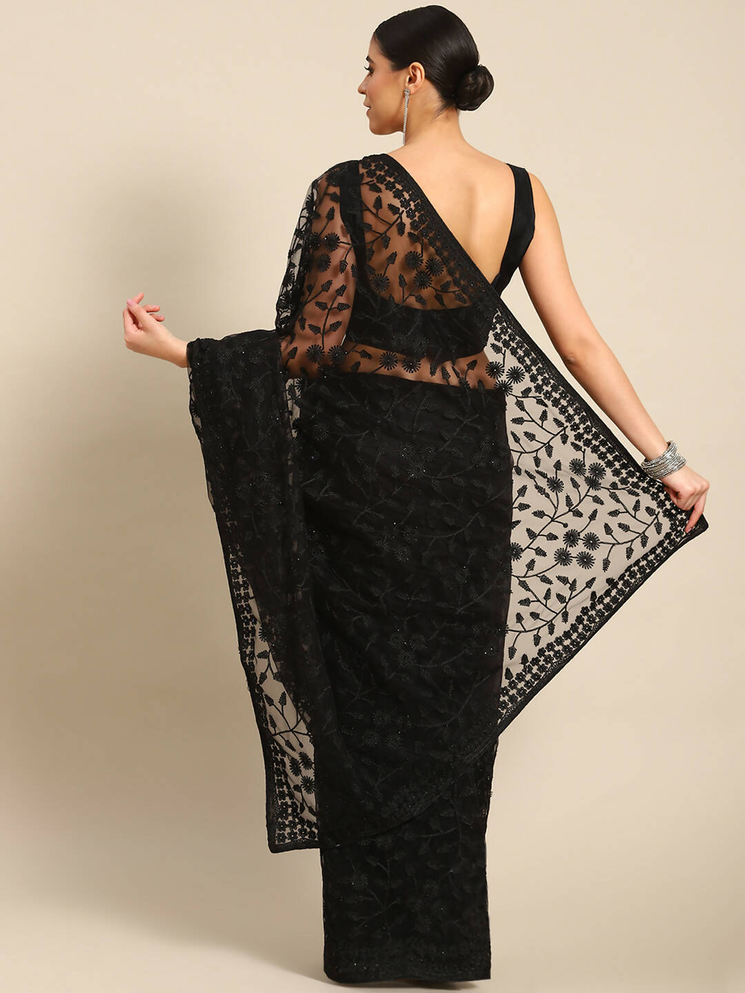 Black Woven Design Net Saree with Blouse Piece - Kalamkari | Grocsy