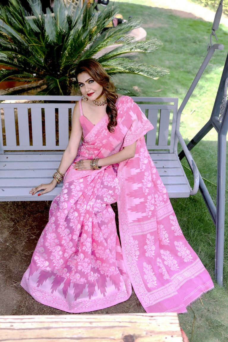 Partywear Designer Pink Jamdani contton Fancy Saree - Starwalk | Grocsy