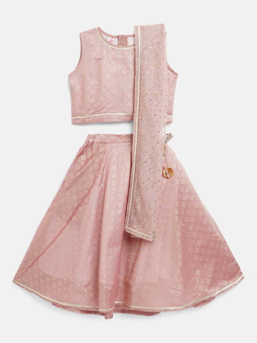 Ahalyaa Rusty Rose Chanderi Gold Foil Print Lehenga Choli With Dupatta For Girls | Grocsy