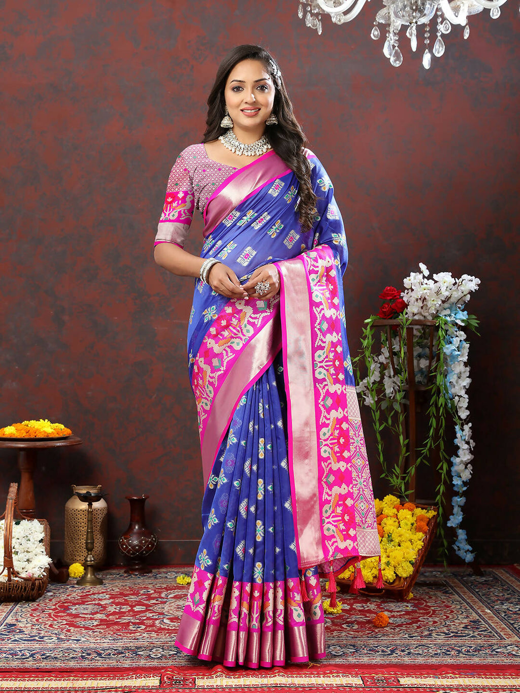 Lorenvalley Fashion Blue Organza Silk Woven Design with Meenakari Weaving Saree | Grocsy