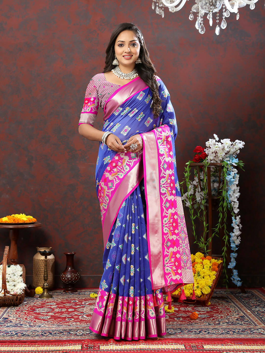 Lorenvalley Fashion Blue Organza Silk Woven Design with Meenakari Weaving Saree | Grocsy
