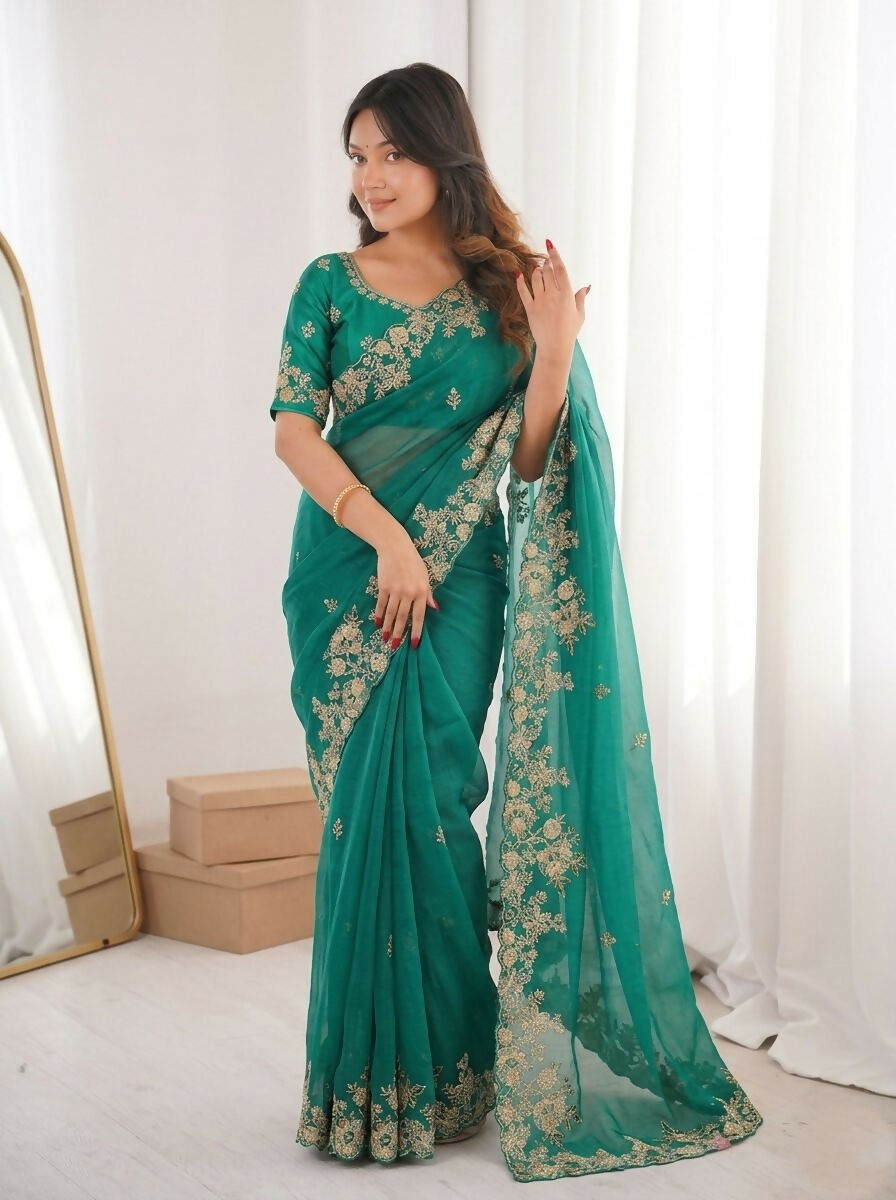 Teeya Creation New Womens Latest Party Wear Soft Chiffon Silk Saree-Teal | Grocsy