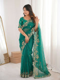 Teeya Creation New Womens Latest Party Wear Soft Chiffon Silk Saree-Teal | Grocsy